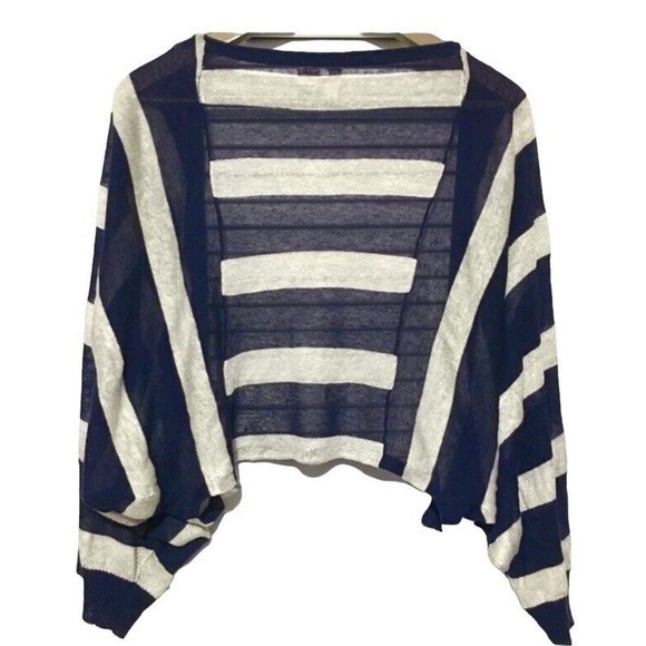 Anthropologie- Moth Navy Striped Lightweight Shrug Size S Petite Linen Blend - Picture 3 of 6